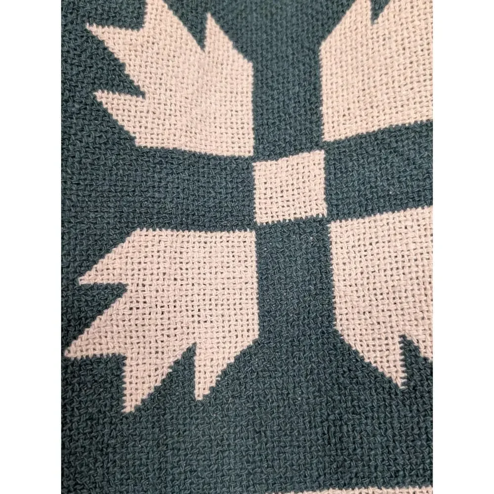 Antique Style Woven Coverlet Throw Teal Green Cabin Americana Blanket